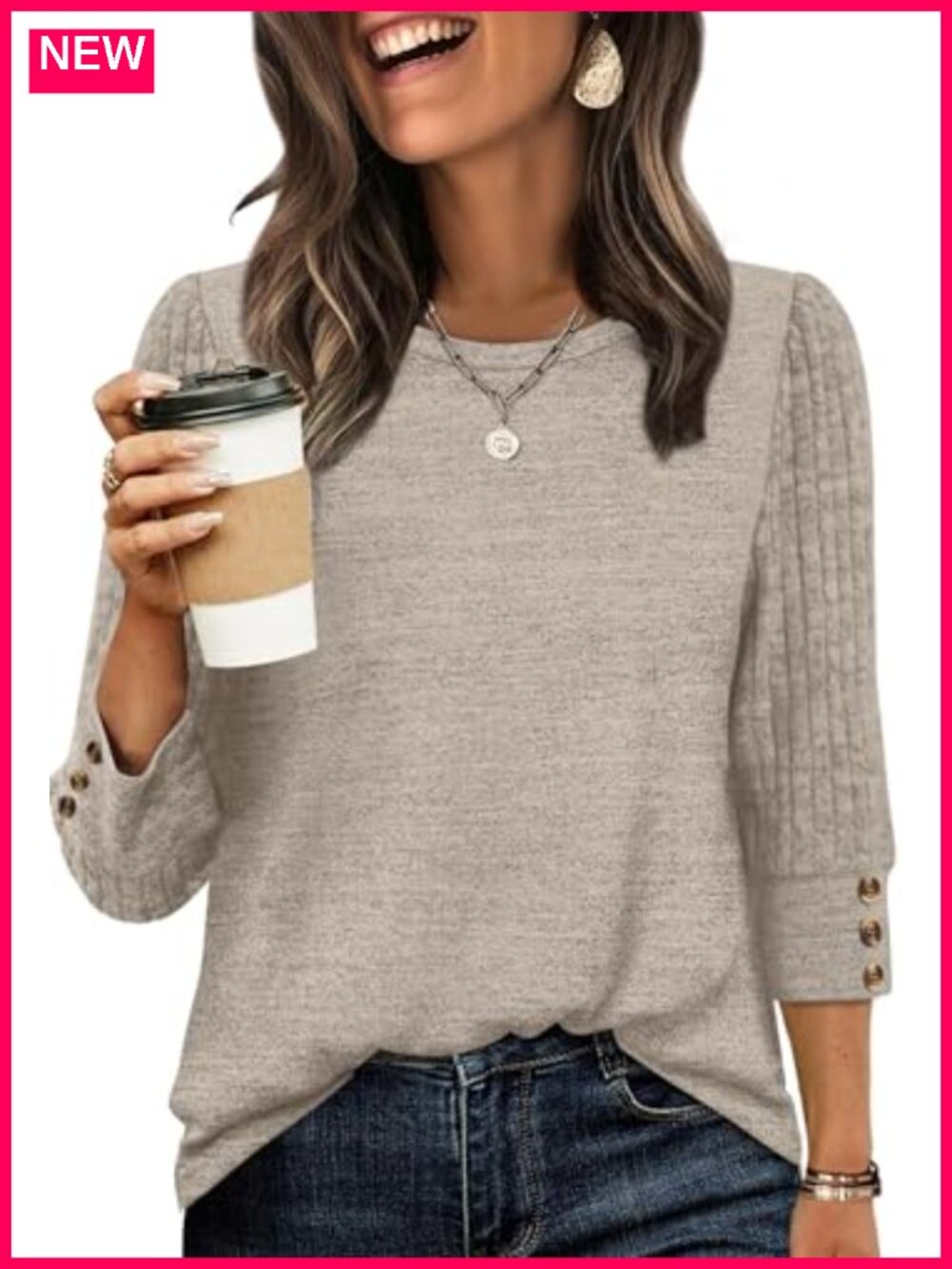 Womens 3/4 Sleeve Button Tunic Top Lightweight Sweater Crew Neck Loose Fit